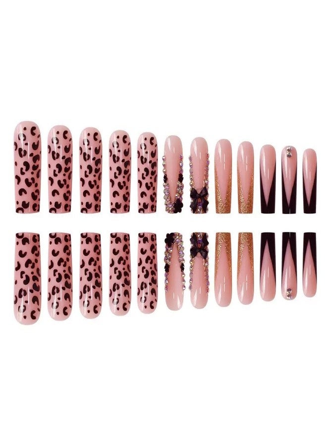 CTTHNBD Long Press on Nails Square French Tip Fake Nails with Black 3D Bow Rhinestone Design Glue on Nails Leopard Print False Nails Glossy Acrylic Full Cover Stick on Nails Artificial Nails for Women 24 Pcs - Image 3
